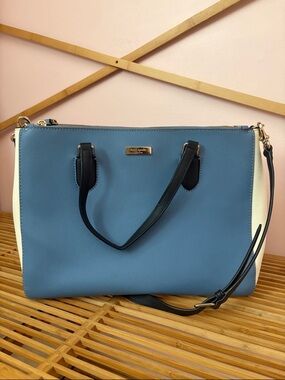 kate spade Blue and Cream Saffiano Tote with Black Handles and Strap
